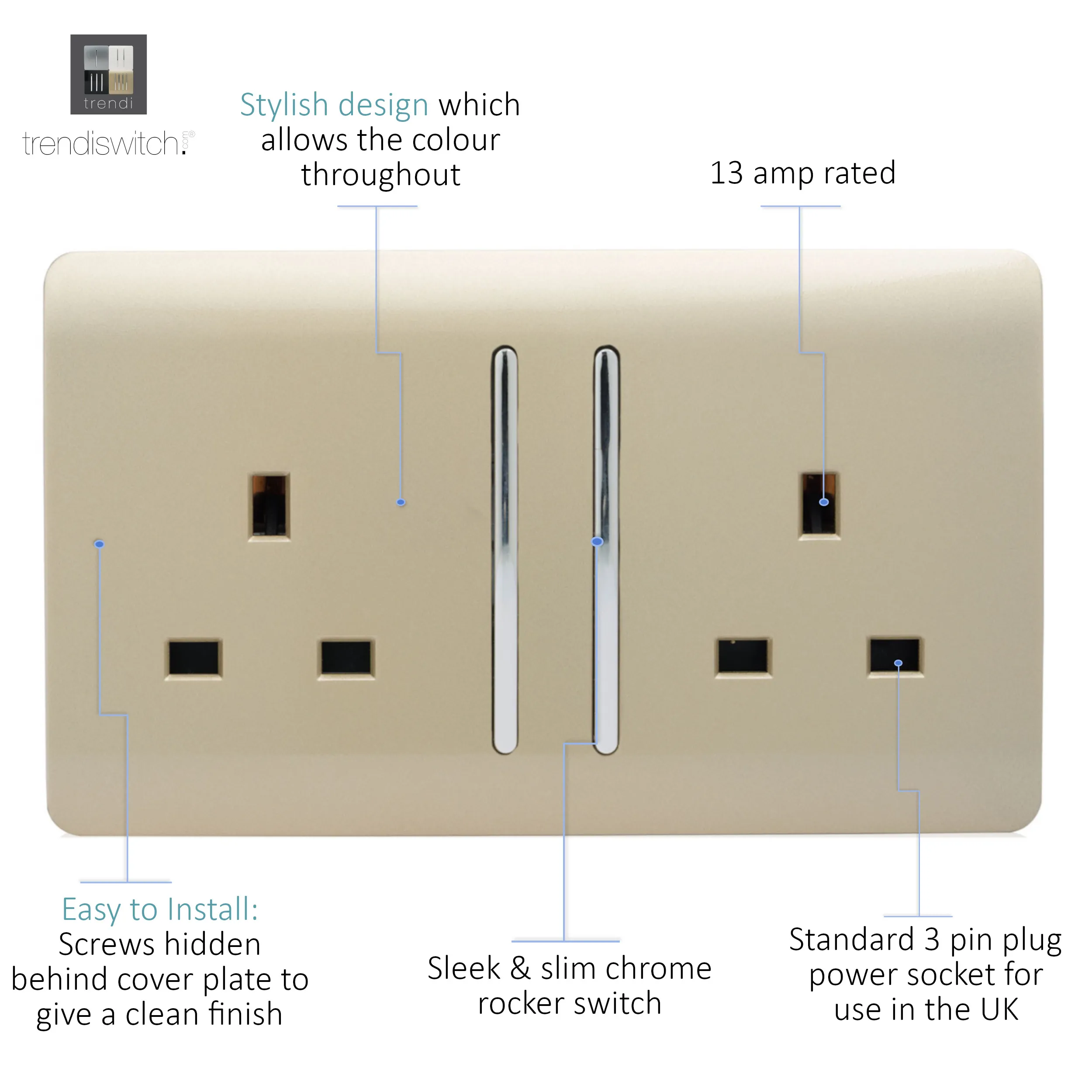 2 Gang 13Amp Long Switched Double Socket Champagne Gold ART-SKT213LGO  Trendi Champagne Gold